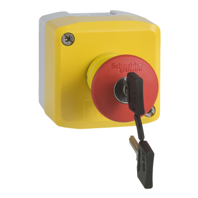 ARRET D'URGENCE ROUGE BOITE JAUNE POUSSER TOURNER A CLE 1F+1O Ø40