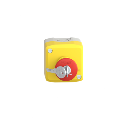 ARRET D'URGENCE ROUGE BOITE JAUNE POUSSER TOURNER A CLE 1F+1O Ø40