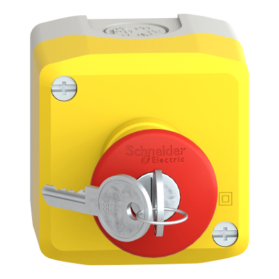 ARRET D'URGENCE ROUGE BOITE JAUNE POUSSER TOURNER A CLE 1F+1O Ø40